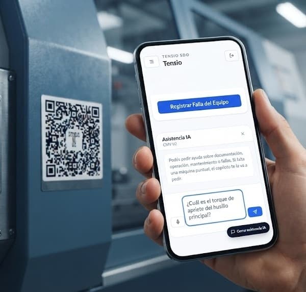 Interfaz de Tenssio SDO asistida por IA junto a un código QR de recurso operativo